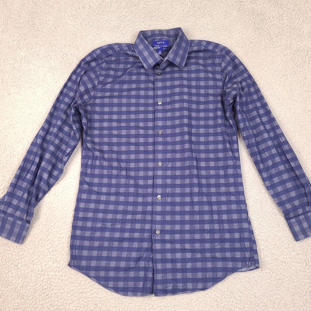 Apt 9 Shirt Mens 15 - 32/33 Blue Plaid Check Premier Flex Slim Fit Collared